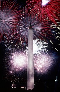 Fourth of July fireworks behind the Washington Monument 1986