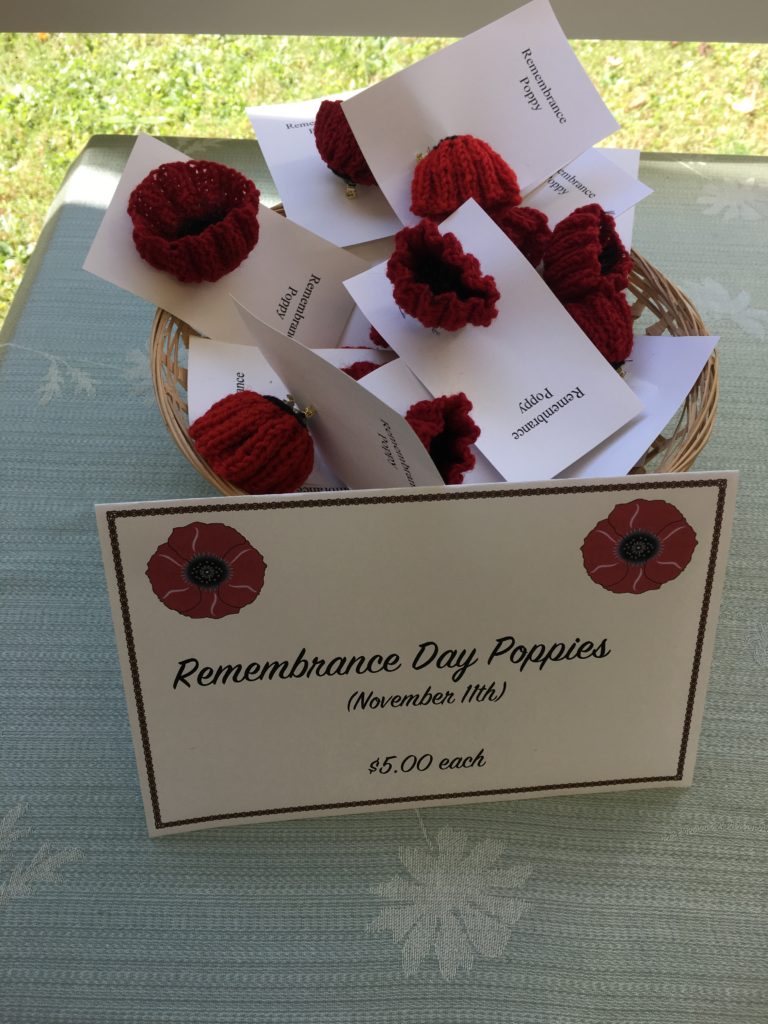 Remembrance Day Poppies made by members of the Knitting Circle